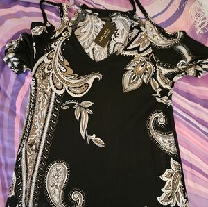 Vince Camuto Black and Cream Paisley Dress